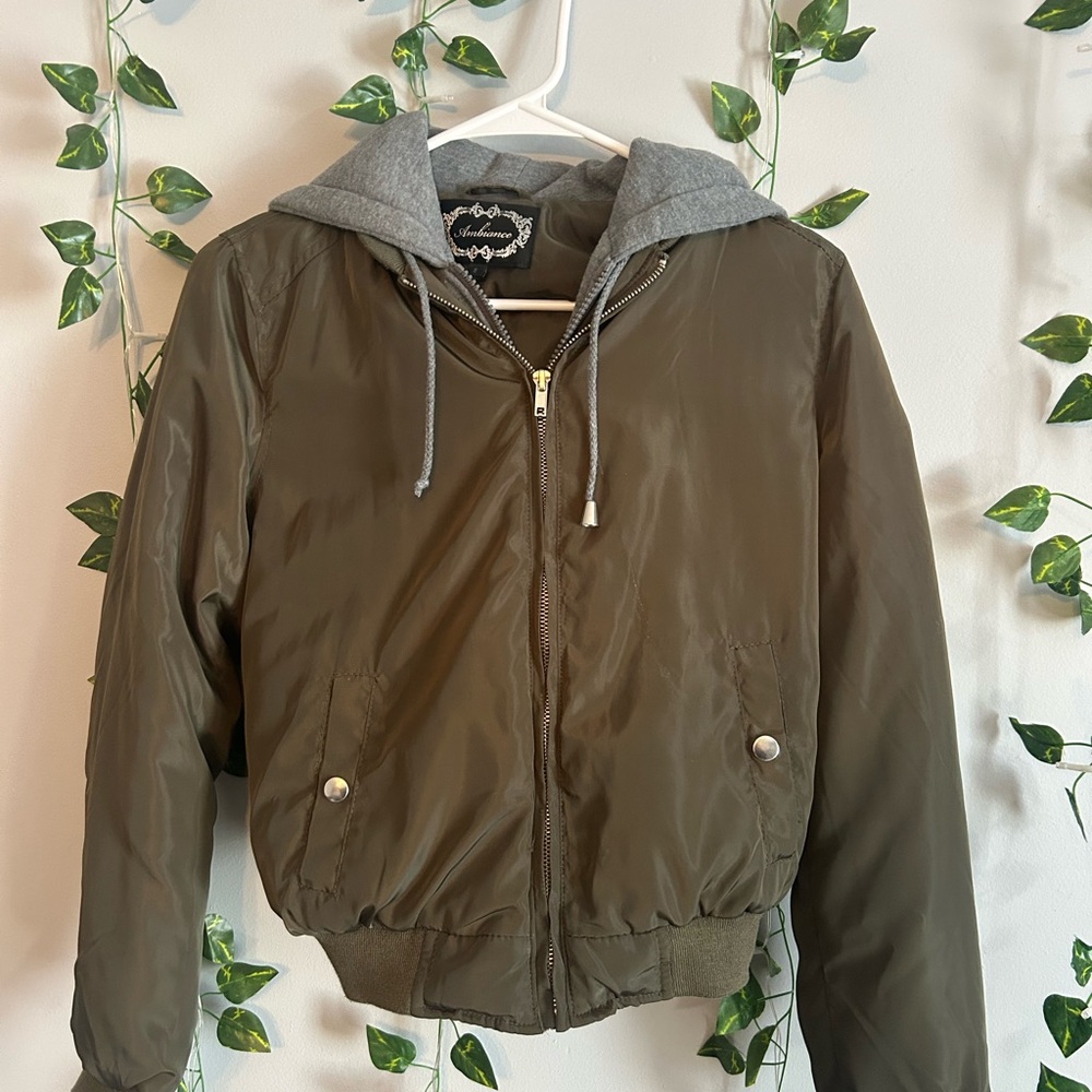 Green Bomber Jacket with Gray Hood